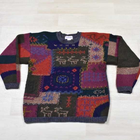 SOLD 90s Kenji Sweater 100% Shetland Wool Vintage Winter Reindeer Holiday VTG - Picture 1 of 4